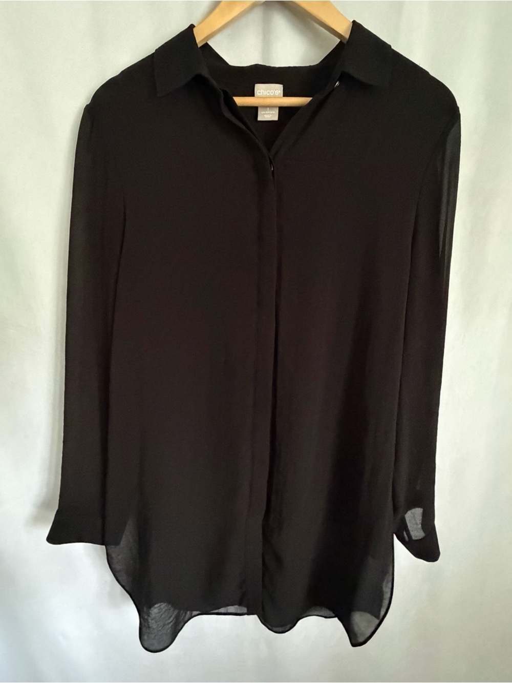 Chico's Button Up Tunic Shirt Womens M Black Sheer Lace Lined Hi Low Long Sleeve